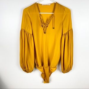Zara XS Bodysuit Mustard Lace Up V-Neck LS
